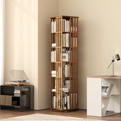 6-Tier Rotating Bamboo Bookshelf Tower - 360° Spinning Storage Rack