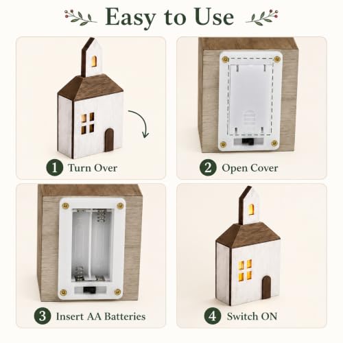 Lighted Wooden Christmas Village Set - 9 Piece Holiday Tabletop Decor