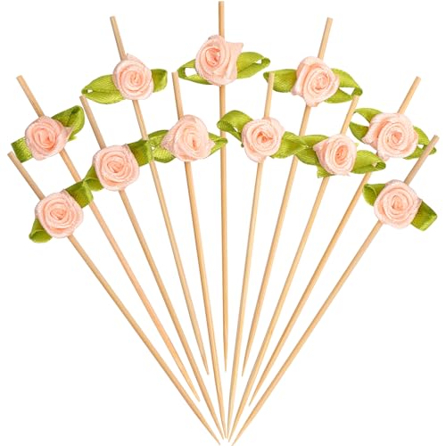 Minisland MSL222 Pink Rose Bamboo Cocktail Picks 100 Pack - Decorative Food & Drink Garnishes
