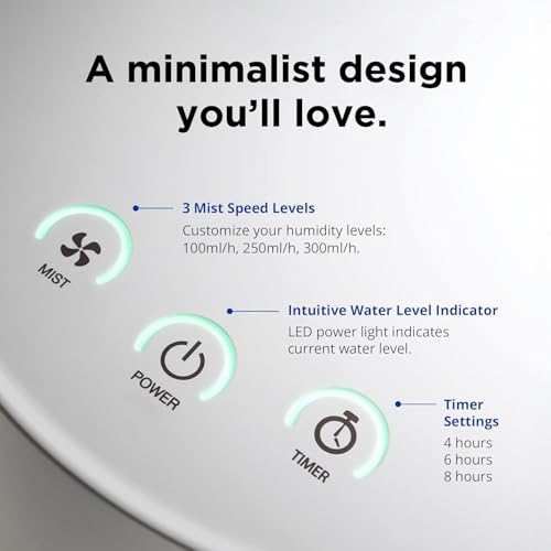 Stainless Steel Ultrasonic Cool Mist Humidifier, 1-Gallon 30-Hour Capacity