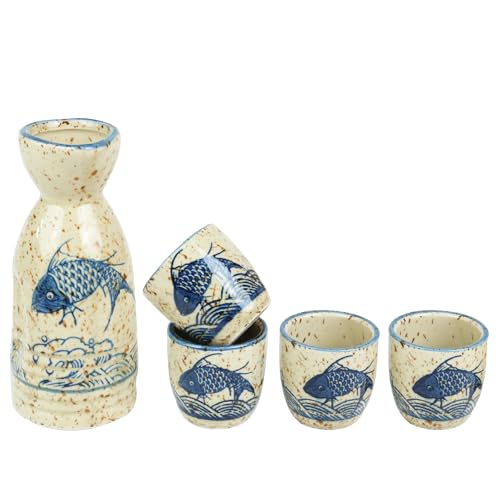 Cream-Fish Ceramic Sake Set 5pcs - Japanese Saki Carafe & Cups - PUNNIO
