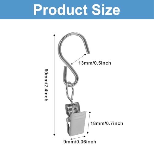 Stainless Steel S Hook Curtain Clips - 50 Pack, 2.4 Inch Silver Hangers