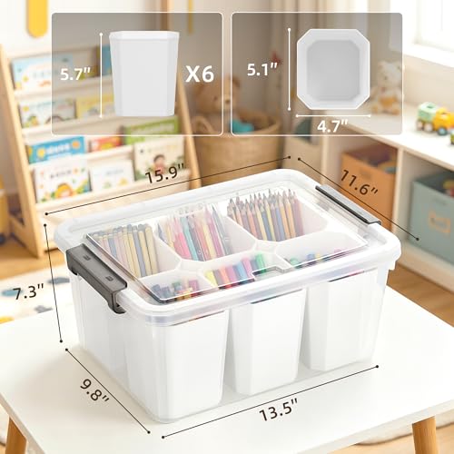 17QT Clear Plastic Craft Organizer and Storage Bin with 6 Detachable Inserts and Lid