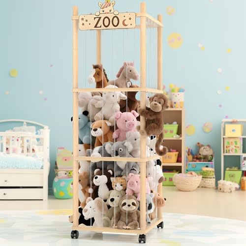 56-Inch Wooden Stuffed Animal Storage Zoo Tower - Mobile Toy Organizer