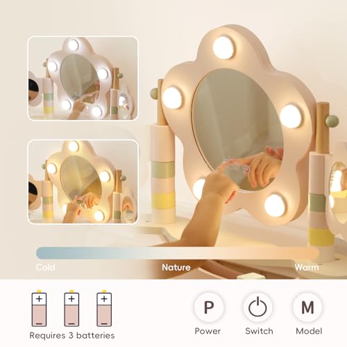 Kids Vanity Table and Chair Set with 3-Color LED Mirror and Accessories