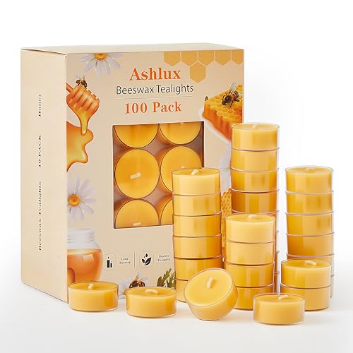 Ashlux 100 Pack Beeswax Tea Lights Candles Unscented 4H Burn Natural