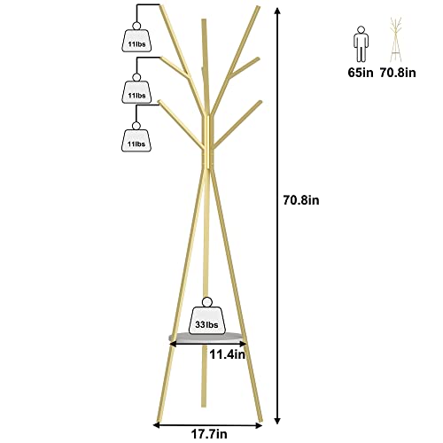 Modern Gold Metal Coat Rack with 9 Hooks and Storage Shelf, 71-Inch Hall Tree