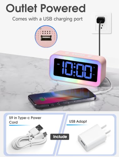 Cute Pink Digital Alarm Clock with RGB Night Light & USB Charger