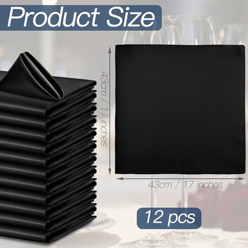 12-Piece Black Satin Cloth Napkins, 17 x 17 Inch Square Dinner Napkins