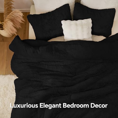 BEDELITE Black Faux Fur Comforter Set Queen - Fluffy Warm Cozy Bedding