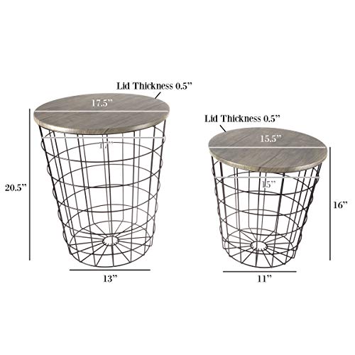 Round Nesting End Tables Set of 2 with Storage Basket and Wood Lid