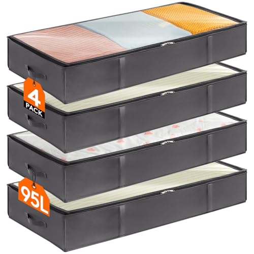 95L Under Bed Storage Containers 4-Pack Large Blanket Bags with Clear Window