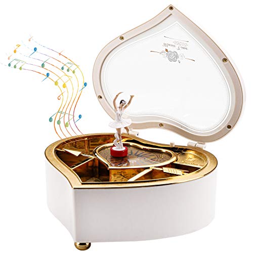 Heart-Shaped Ballerina Music Box with Rotating Figurine and Jewelry Storage