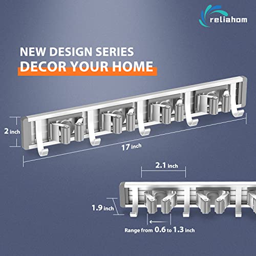 Wall Mount Broom and Mop Holder Organizer with 4 Racks and 5 Hooks