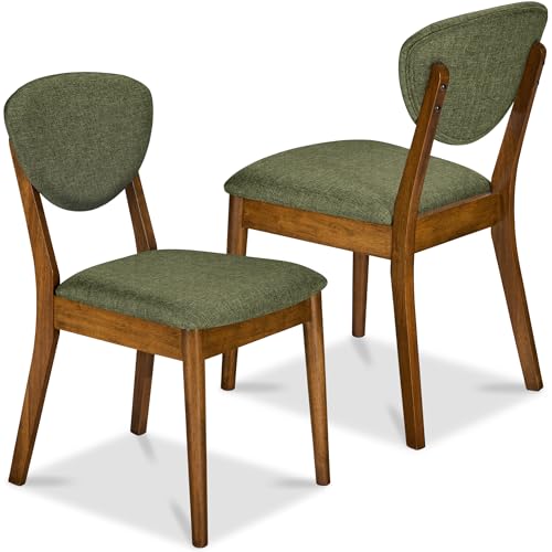 Mid-Century Modern Upholstered Dining Chairs, Set of 2, Walnut and Moss Green