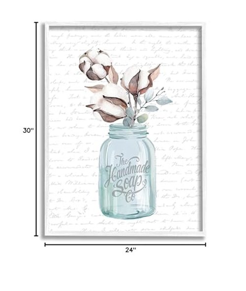 Stupell Industries Handmade Soap Jar Cotton Flower Bathroom Word, Design by Lettered and Lined White Framed Wall Art, 24 x 30, Grey