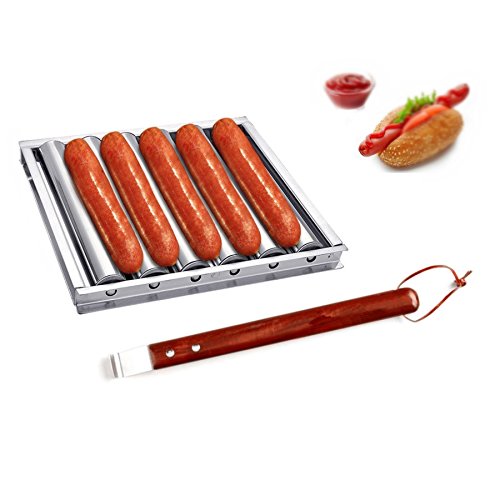 Charcoal Stainless Steel Hot Dog Sausage Roller Rack Steamer With Extra Long Wood Handle New BBQ Tools 5 Section Brat Griller