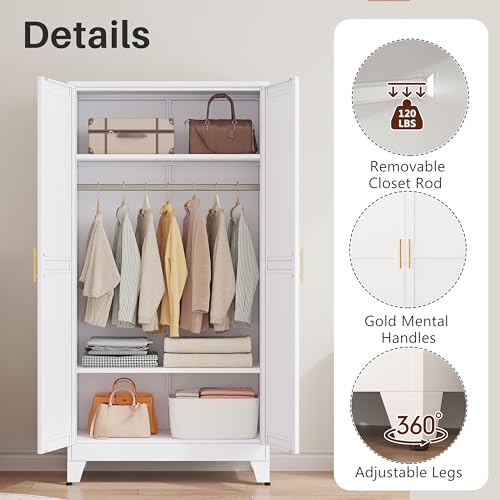 71" Metal Wardrobe Closet with Mirror, Freestanding Steel Clothing Armoire