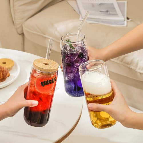 20 Oz Glass Drinking Set with Bamboo Lids & Straws - 8 Pcs