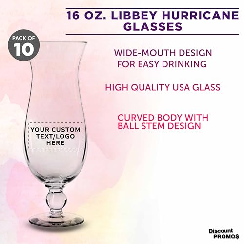 Custom 16 oz Hurricane Glasses Set of 12 - Personalized Clear Drinkware for Cocktails