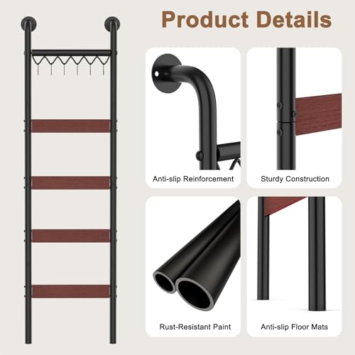 5-Tier Wall-Leaning Blanket Ladder Rack with Hooks, Rustic Storage Shelf