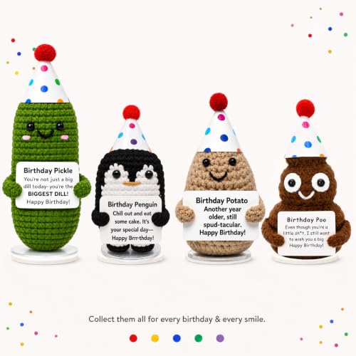 Handmade Crochet Birthday Pickle Plush with Gift Box and Display Stand