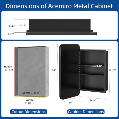 16x24 Inch Metal Framed Medicine Cabinet with Mirror, Recessed or Wall Mount