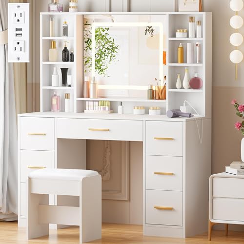 White Makeup Vanity Desk with Lighted Mirror, Charging Station & Stool