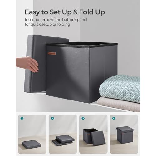 SONGMICS Mazie Collection - 15 Inches Ottoman with Storage, Footstool, Storage Ottoman, Load 660 lb, for Dorm, Living Room, Bedroom, Synthetic Leather, Dark Gray ULSF010G01