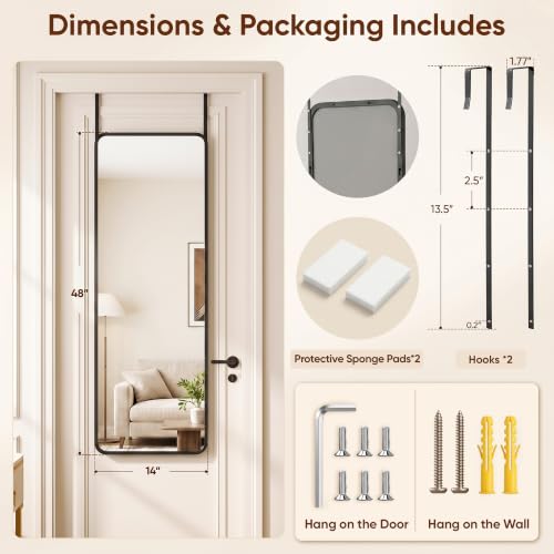 Suidia 48x14 Inch Full Length Over-the-Door & Wall Mount Mirror Black Rounded Rectangular