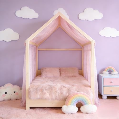 Pink Star Moon Bed Canopy Sheer Tulle Curtain for Kids Room 60 x 158 Inches