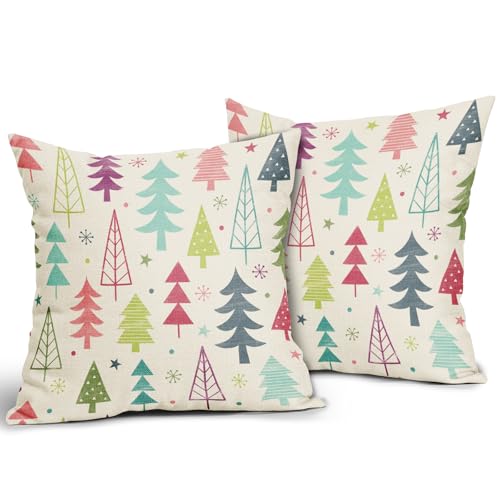 Sivirary 18x18 Inch Colorful Christmas Pillow Covers Set of 2 - Double-Sided Rainbow Xmas Tree Print