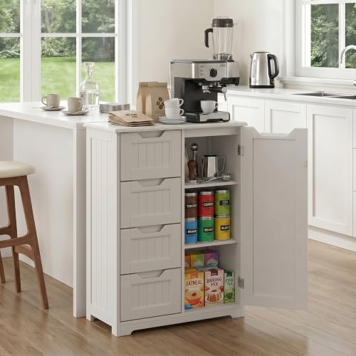 Small Coffee Bar Cabinet with 4 Drawers and Adjustable Shelf, White Sideboard