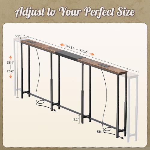 Extendable Narrow Sofa Console Table with Outlets & USB-C, Rustic Brown