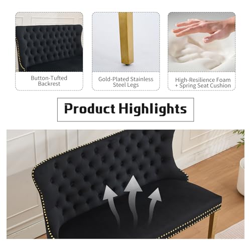 Black Velvet Dining Bench with Back & Gold Stainless Steel Legs - Shenyon, Tufted Banquette Seating, Modern Home Decor