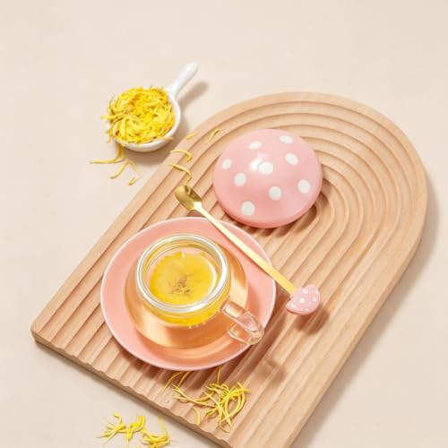 Rain Shops Orange Mushroom Tea Cup Set with Infuser & Saucer - Cute Glass Tea Mug for Loose Leaf Tea & Coffee