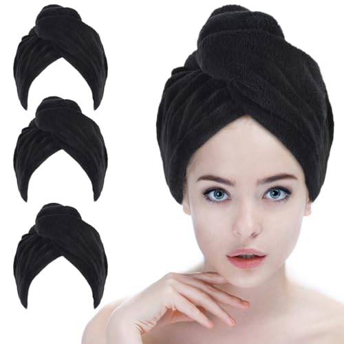 SINLAND Microfiber Hair Drying Cap 3 Pack Black, 25.6 x 9.8 inches - Fast Absorbent Towel for All Hair Types