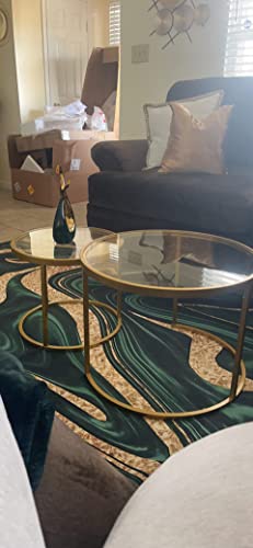 Round Nesting Coffee Table Set of 2, Modern Gold Metal and Tempered Glass
