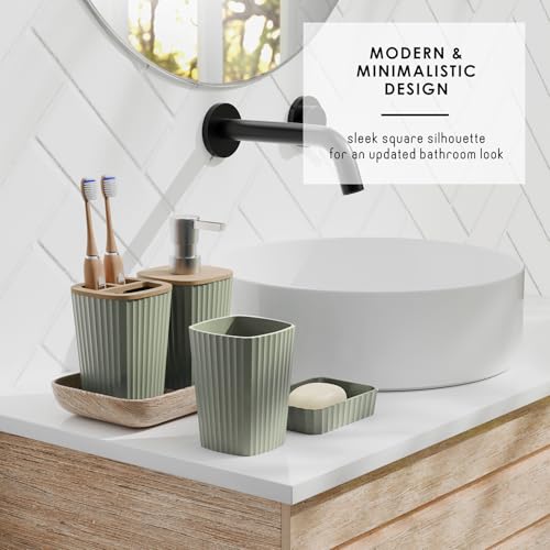 6-Piece Sage Green Bathroom Accessory Set with Bamboo Accents
