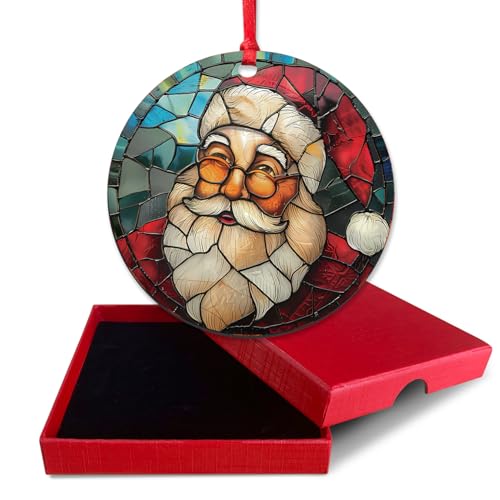 Xenseou SDGS02 Acrylic Santa Ornament with Gift Box – 3-inch Stained Glass Effect
