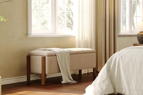 47-Inch Upholstered Storage Bench with Walnut Legs, Beige Ottoman Bench