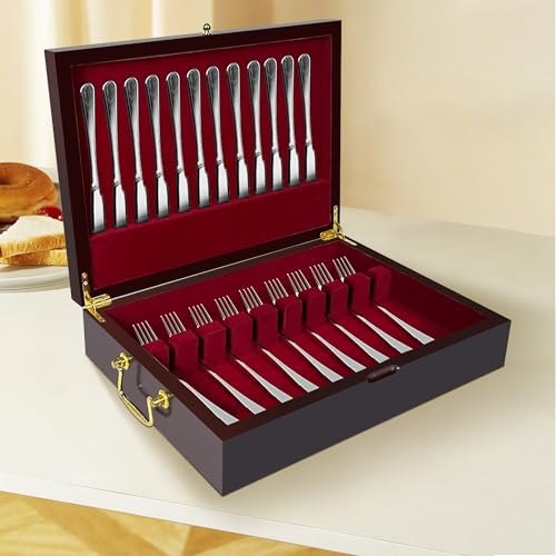 Solid Wood Silverware Storage Chest with Velvet Lining and Handles