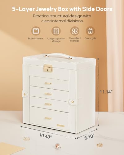 Large Jewelry Box Organizer with Lock - 5-Layer Storage for Necklaces, Earrings, Rings & Watches
