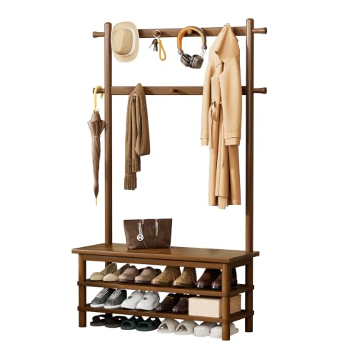 Solid Wood Hall Tree with Bench and Shoe Rack, 11-Hook Entryway Organizer