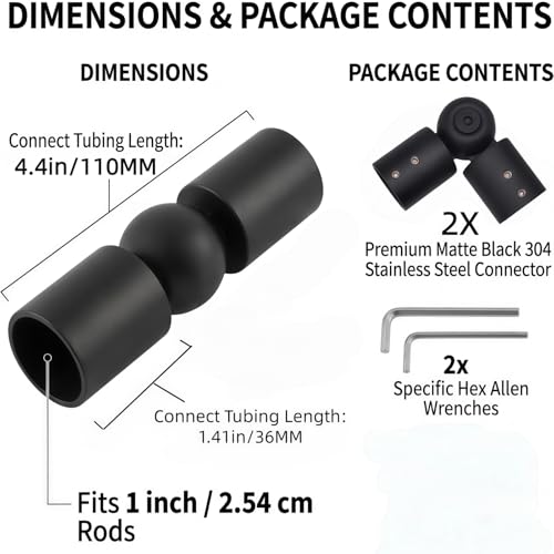 Adjustable Corner Curtain Rod Connector for 1-Inch Rods, 2-Pack Black