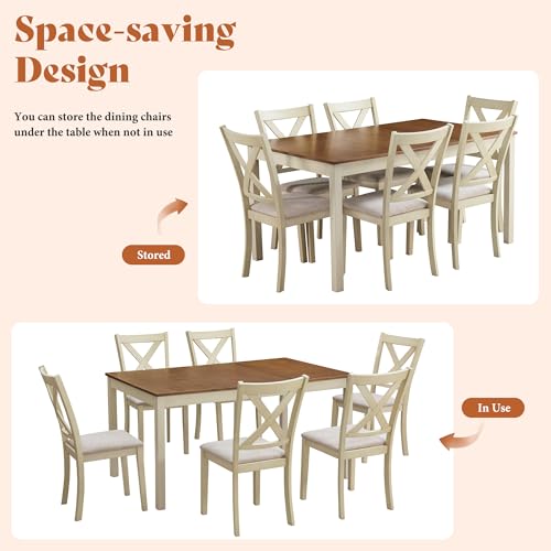 7-Piece Farmhouse Solid Wood Dining Set for 6 with Upholstered Chairs