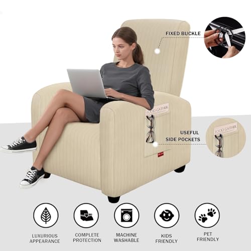 3-Piece Stretch Recliner Chair Covers for Small Recliners - Ivory Striped