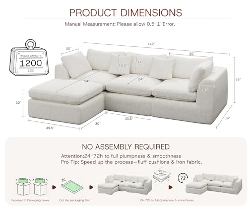 110-Inch Oversized Modular Cloud Sectional Sofa with Ottoman, Beige