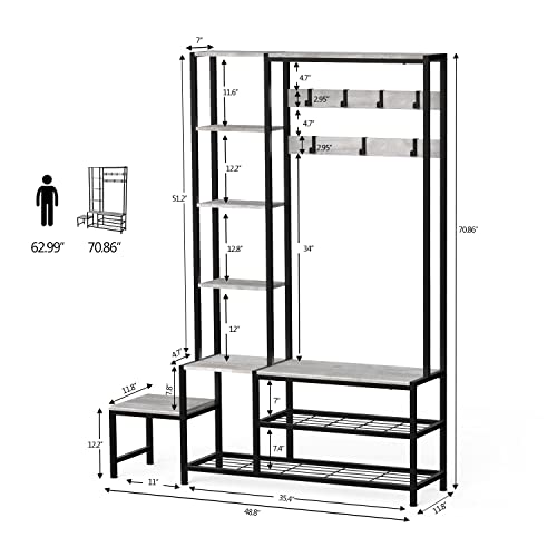 Industrial Hall Tree with Shoe Storage Bench and 7-Hook Coat Rack - Grey