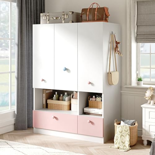 3-Door Wooden Wardrobe Armoire with Hanging Rod, Drawers and Shelves